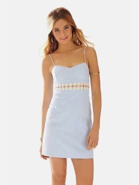Lilly Pulitzer Sheena Ariel Blue Seersucker Stripe Cut Out Daisy Lace Mini Dress